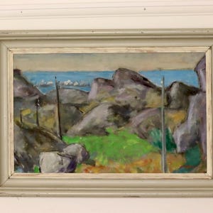 Scandinavisch olieverfschilderij uit het midden van de eeuw 'kustlandschap' van Selim Soldan -- vintage en ingelijst