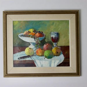 Original Swedish Mid-Century Oil On Canvas Painting" Still Life Fruit Bowl " by Eric Lundgren --Vintage & Framed