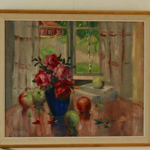 Large Early-Century Original Swedish Oil on Canvas &quot;Still Life, by the Window &quot; by Henrik Skagh . - Vintage & Framed - 27.5x32.2inches