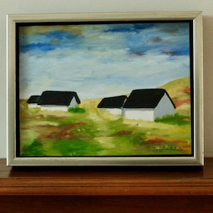 Mid-Century Original Swedish Oil on Canvas &quot;Houses&quot; - Vintage & Framed