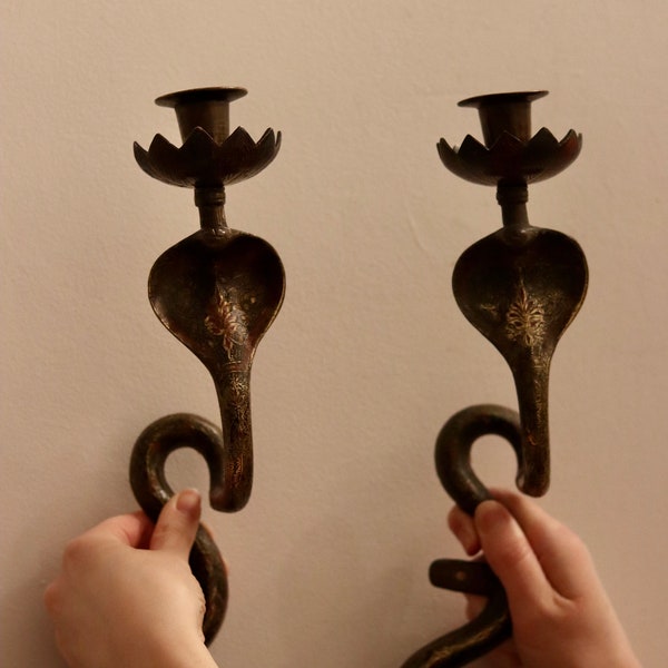 Reserved Pair of Egyptian Revival Style Enameled Brass Cobra Sconces