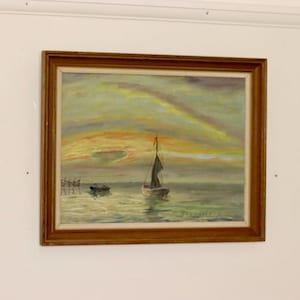 Original Swedish Mid-Century Oil On Panel Painting &quot;Sunset Boats&quot; by KAJ BRANDSTRUP--Vintage & Framed