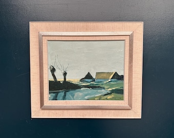 Original Swedish Oil on Canvas – “Farm by the Lake” by Bengt Hillgrund – Vintage & Framed – 58 × 51 cm (22.8" × 20.1")