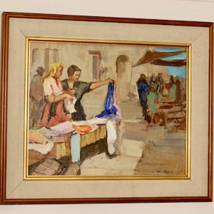 Swedish Oil On Panel Painting &quot;Street Market&quot; by KNUT NORMAN --Vintage & Framed