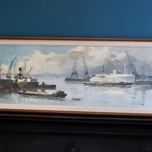 Óleo sobre tabla sueco original de mediados de siglo "Puerto" de E. Leitizin. - Vintage y enmarcado.