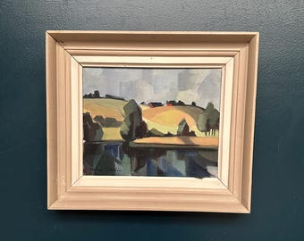 Original Swedish Oil on Panel – “Landscape with Huts” by Ruben Hedin – Signed – Vintage & Framed – 44 × 37 cm (17.3" × 14.6")