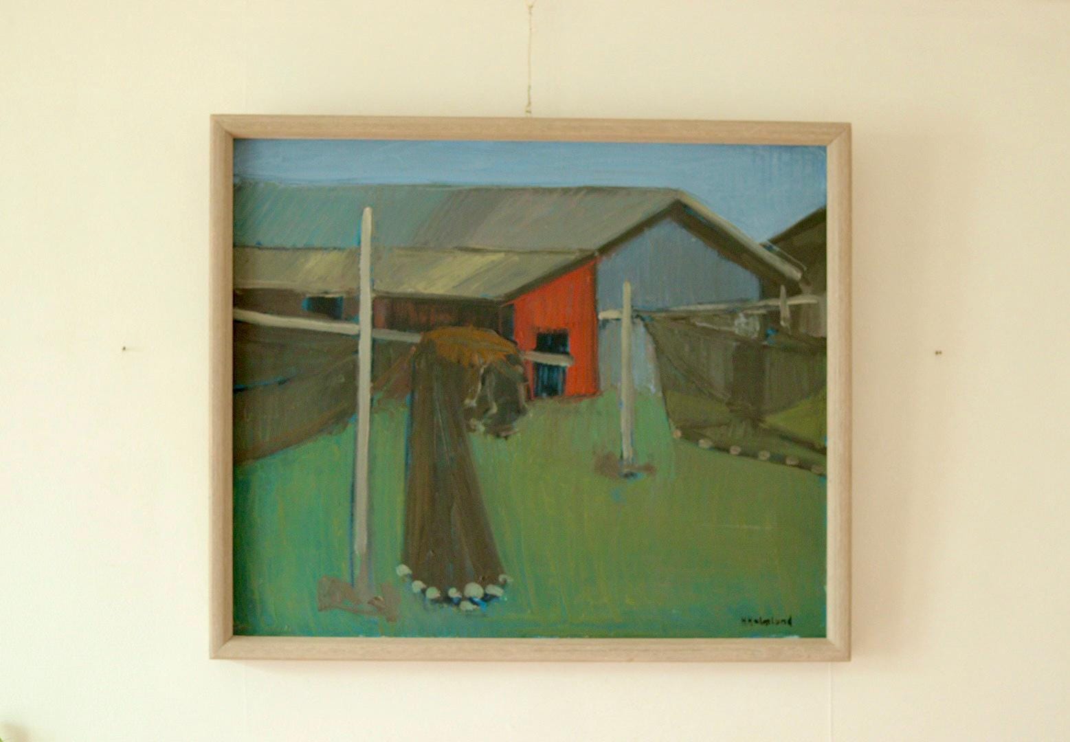Mid-Century Original Swedish Oil on Canvas "Fishermen House" – Helge Holmlund – Vintage & Framed, 51 x 57 cm / 20.1 x 22.4 in