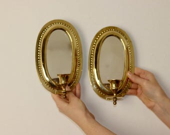 Pair of Mid Century Swedish Brass Sconces with Mirror