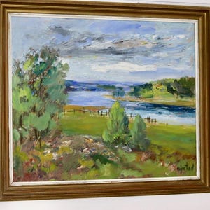 Original Swedish Mid-Century Oil On board Painting &quot; Realistic Landscape &quot; by Nystad--Vintage & Framed