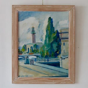 Swedish Mid-Century Oil On Panel Painting "Stockholm" by Emil Hellbom --Vintage & Framed