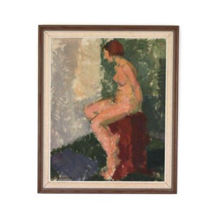 May include: Oil painting of a nude figure seated on a red cushion. The artwork features a woman with red hair, rendered in a loose, impressionistic style. The background includes green and white brushstrokes, framed in a brown wooden frame.