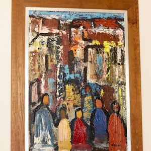 Large Mid-Century Original Swedish Oil on Canvas &quot;Six Figures with Red Houses&quot; by GÖSTA FALCK - Vintage & Framed