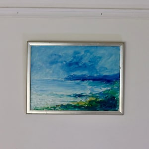 Originele Zweedse modernistische still uit de jaren 70 olieverf op paneel " Coastal Serenity" door Gunnar Thulin - vintage en ingelijst