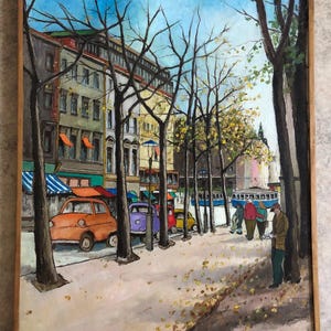 Vintage Large Modernist Original  Oil on Canvas&quot; City Idyll&quot; by - Vintage & Framed