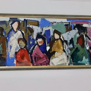 Mid-Century Original Swedish Oil on Canvas &quot;Gathering&quot; by Gösta Falck circa 1960-Vintage & Framed