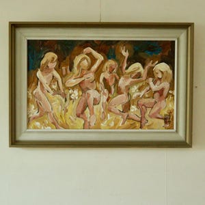 May include: An oil painting in a gold-toned frame depicts a group of nude figures in motion. The figures have blonde hair and are set against a backdrop of warm colors, with hints of blue and brown. The artwork is hanging on a white wall.