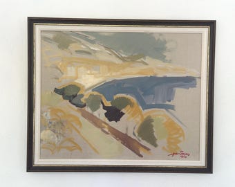 Original svensk olja på duk från mitten av århundradet – “Kustfragment” av Alex Öberg – Inramad 67 × 58 cm (26,4 × 22,8 tum)