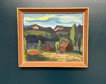 Originele Zweedse olieverf op paneel uit het midden van de eeuw – Berglandschap door Kerstin Flyckt Vintage en ingelijst: 61 x 43 cm (24" x 16,9")