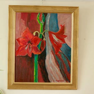 Original Mid Century Swedish Oil on Canvas – “Red Lillies” by Ingegerd Alberts – Framed, 73 x 62 cm (28.7 x 24.4 in)