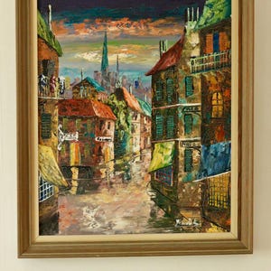 Mid-Century Original Swedish Oil on Canvas &quot;French Street Scene &quot; Vintage & Framed,20.9 x 17.7 inches