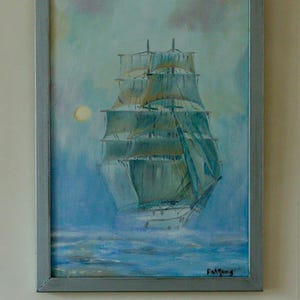 Mid-Century Original Swedish Oil on Panel &quot;Ship in the Mist &quot; by Askyung - Vintage & Framed, 15.7 x 22.2 inches
