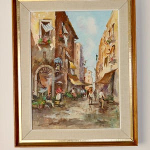 &quot;Original Mid-Century Öl auf Leinwand &quot;&quot;City Street Scene &quot;&quot; von MORIANI --Vintage & gerahmt.&quot;