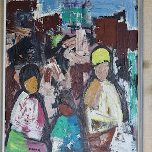 1970&#39;s Original Large Swedish Modernist Oil Painting &quot; Buildings and Figures &quot;by Gösta Falck- Vintage & Framed