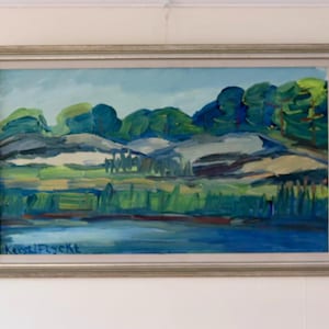 Mid-Century Original Swedish Oil on Canvas &quot;Landscape&quot; by Kersti Flyckt - Vintage & Framed, 26.8 x 16.9 inches