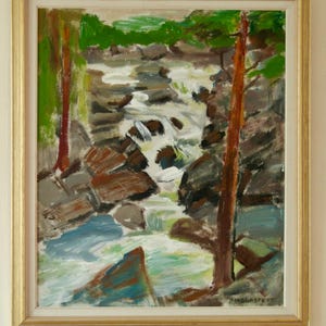 Mid-Century Original Swedish Oil on Panel &quot;Waterfall &quot; by Hannes Wagnstedt - Vintage & Framed
