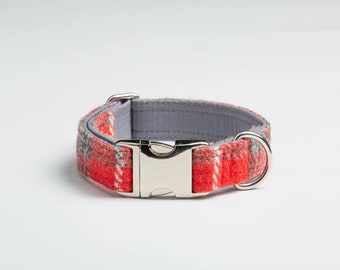 Harris Tweed Red and Grey Check Dog Collar