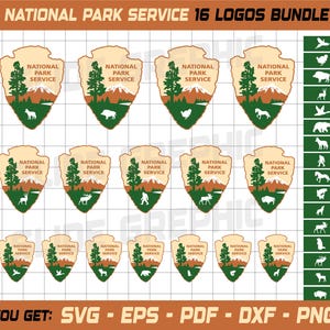 Pacchetto di loghi personalizzati del National Park Service, 16 simboli National Park, fauna selvatica, NPS arrowhead svg, png, eps, pdf, dxf, download digitale