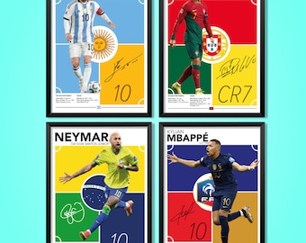 Set Of 4 Prints Messi Neymar Mbappe Ronaldo Posters, Wall art Soccer Gifts, Sports Bedroom Decoration, Instant Download JPG