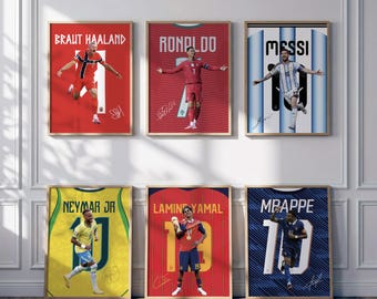 5 Printable Football Stars Poster, Ronaldo Messi Mbappe Neymar Yamal Haaland Bundle, Set of 5 Digital Prints, Soccer Wall Art Gift 26-27
