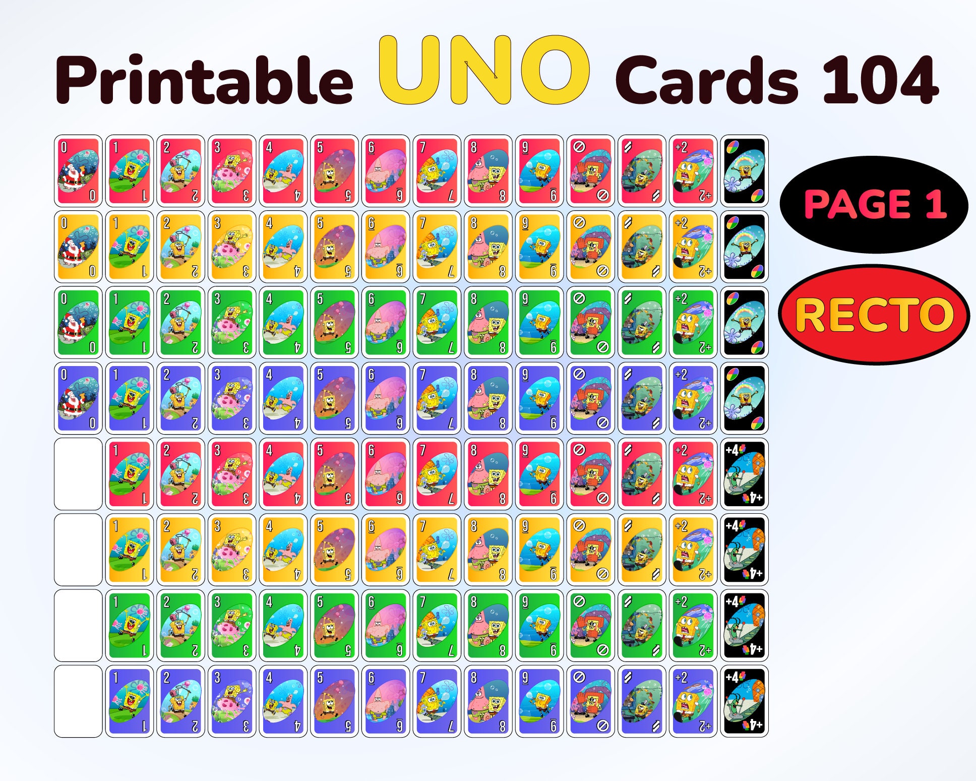 Spongebob Uno Deck Printable Recto Verso UNO Cards One File Etsy