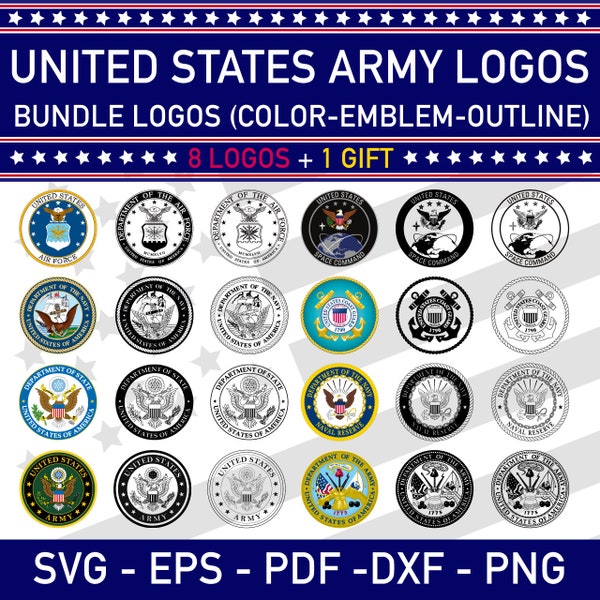 8 US Militär Logos im Set + KOSTENLOSES Logo Geschenk | US Militär-inspiriert | Laserschneiden | Emblem, Outline, bunt | dxf, png, svg, pdf, eps