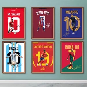 6 druckbare Fußballstars Poster, Fußballstars, Ronalo Messi, Mbappe Hala, M Salah Yamal, Trikot, Digitaldrucke, Fußball-Wandkunst-Geschenk, JPEG