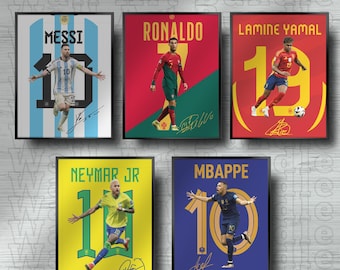 Printable 5 Football Stars Poster, Ronaldo Messi Mbappe Neymar Yamal Jersey Bundle, Set of 5 Digital Prints, Soccer Wall Art Gift, JPEG