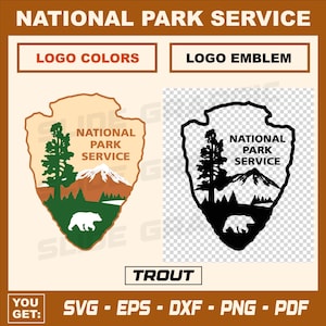 May include: A black and white vector graphic of the National Park Service logo. The logo features a mountain range, a pine tree, a bear, and a stylized arrowhead shape. The text "National Park Service" is written in all caps.