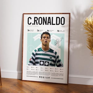 Puede incluir: Un póster enmarcado con Cristiano Ronaldo, con el texto "C. RONALDO PORTUGAL 1985". El póster incluye un retrato de Ronaldo con una camiseta a rayas verdes y blancas, su firma e iconos de sus logros.
