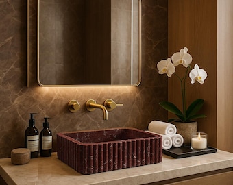 Marble Vessel Sink - Rossa Levanto Fluted Stone Sink - Custom Size Handcarved Wall Monuted Basin