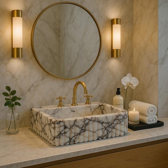 Marble Vessel Sink, Custom Size Calacatta Viola Bathroom Vanity Sink, Wall Mounted Fluted Basin