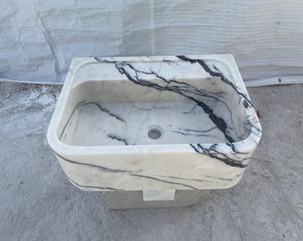 Lilac Marble Sink | Dramatic Black Veined Stone Basin | Minimalist Wall Mount Vanity | Handcarved Custom Size