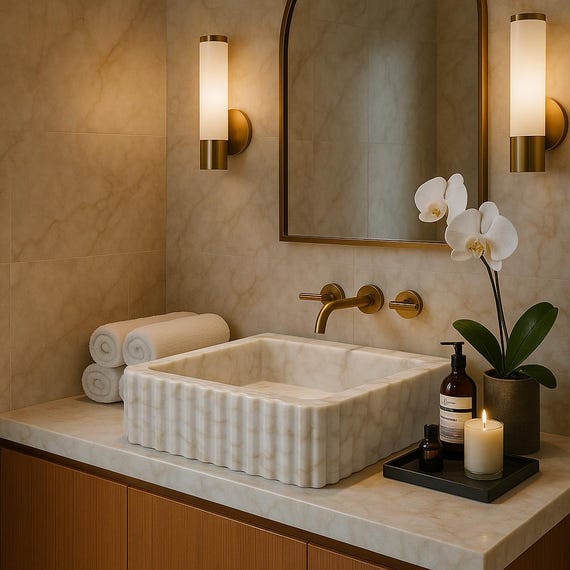 Deep Fluted Marble Sink | Calacatta Gold Square Basin | White Stone Bathroom Vanity | Handcarved Custom Size Wall Mount
