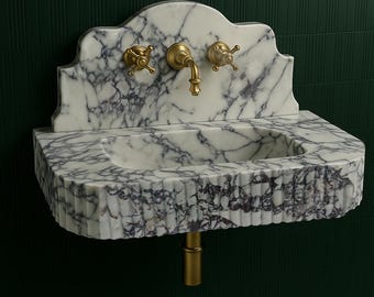 French Style Marble Sink | Calacatta Viola Oval Basin with Scalloped Backsplash | Fluted Wall Mount Vanity | Handcarved Custom Size