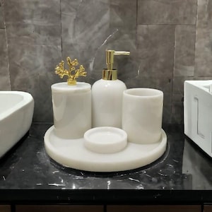 Natural marble bathroom set, 5 pieces set,white luxury marble bath set,pearl white, home gifts, gifts for her