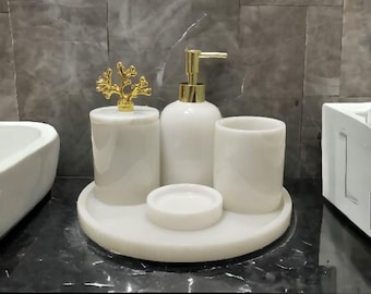 Natural marble bathroom set, 5 pieces set,white luxury marble bath set,pearl white, home gifts, gifts for her