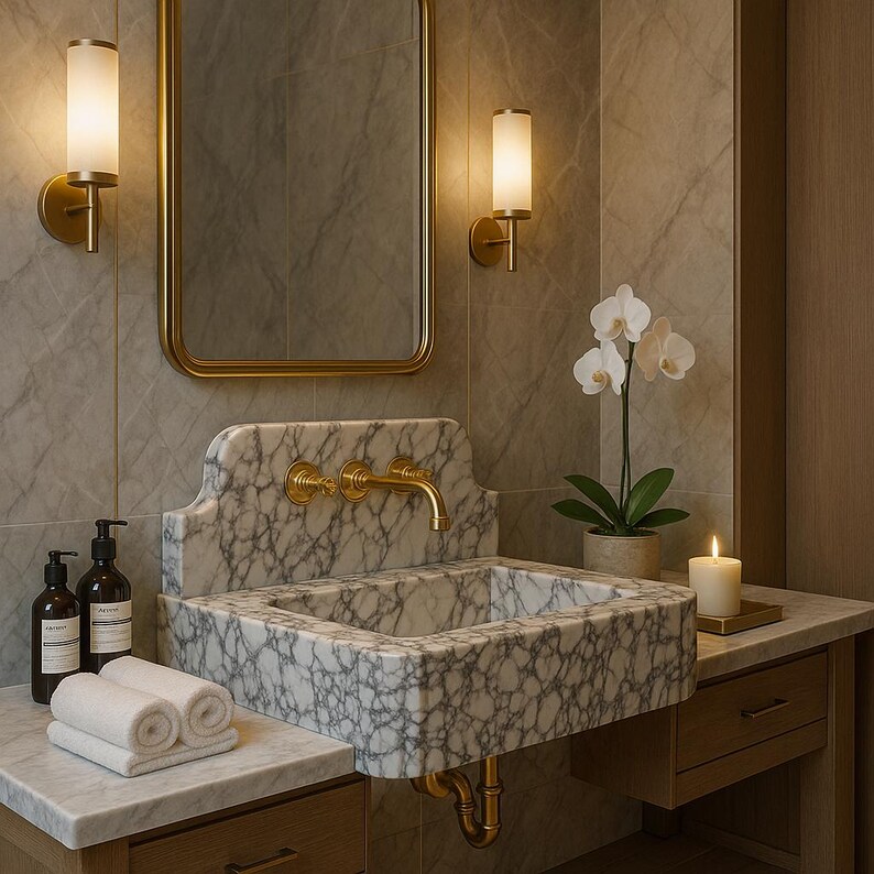 Handcarved marble bathroom sink backsplash detail natural stone