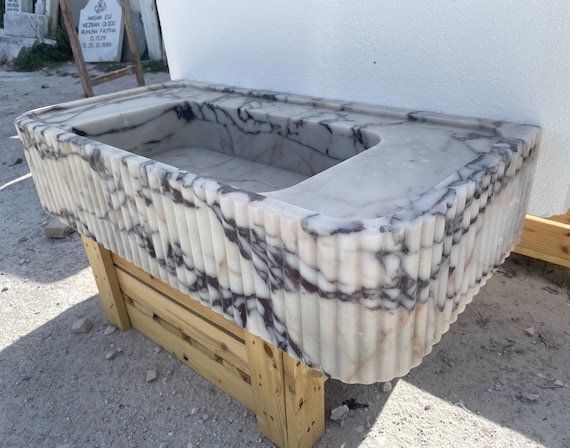 Large Fluted Marble Sink | Calacatta Viola Farmhouse Basin | Oversized Stone Vanity | Handcarved Custom Size Wall Mount