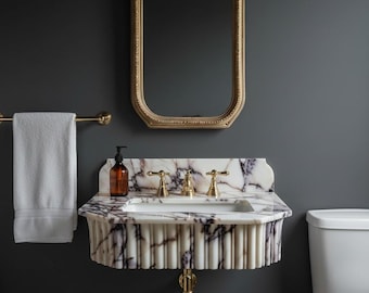 Calacatta Viola Marble Sink with Backsplash - Grooved Front, Wall Marble Sink - Custom Size Hand Carved Viola Marble Sink