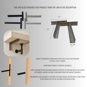 May include: Metal shelf brackets in various styles. One bracket is 12 inches wide and 15 inches tall. The brackets are designed to support a sink's weight. Text on the image: "YOU CAN ALSO PURCHASE THIS PRODUCT FROM THE LINK IN THE DESCRIPTION."